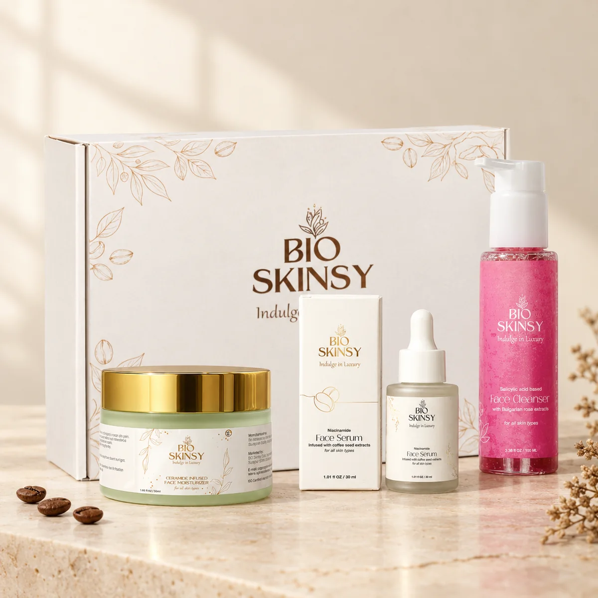 Bio Skinsy Niacinamide Face Serum, Face Cleanser and Ceramide Face Moisturizer with the gift box