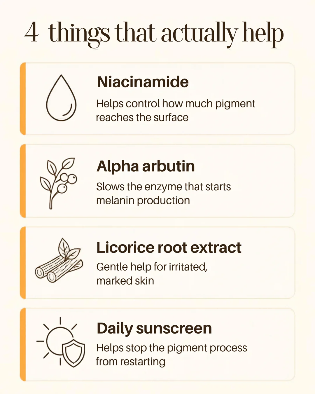 Four ingredients that help with pigmentation: niacinamide, alpha arbutin, licorice root and sunscreen