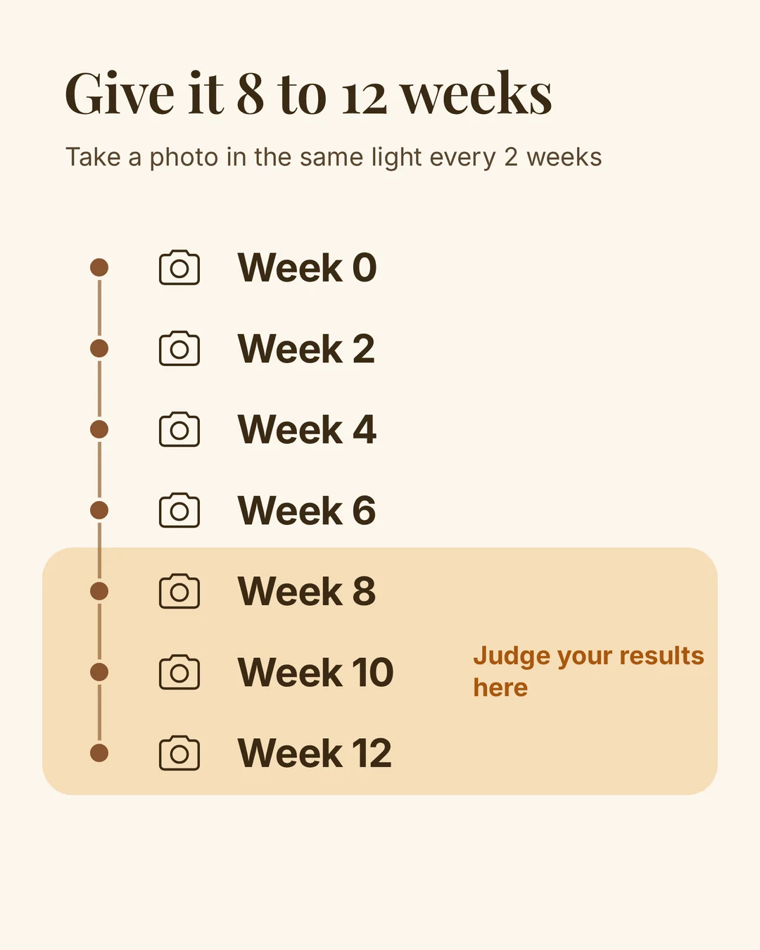 Timeline showing a skin photo every 2 weeks over 12 weeks, with results judged at weeks 8 to 12